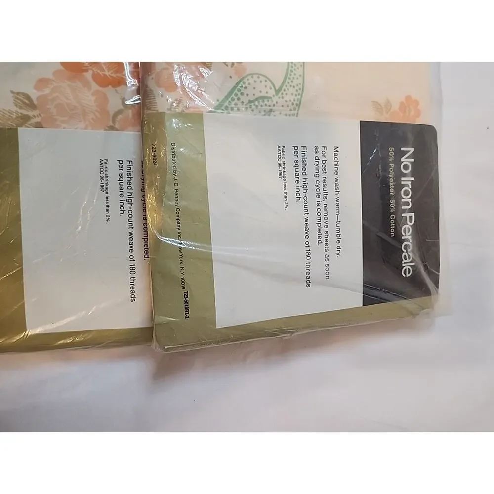 Vtg JCPenney No Iron Percale Fitted And Flat Sheets Floral Pale Orange Salmon